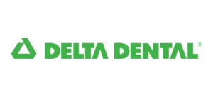 Delta Dental logo in green text with triangular symbol on white background.