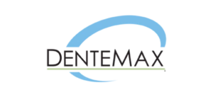 Dentemax logo featuring blue curved design above dark text on white background