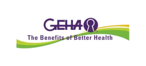 GEHA logo with tagline "The Benefits of Better Health" featuring blue text and green wave design
