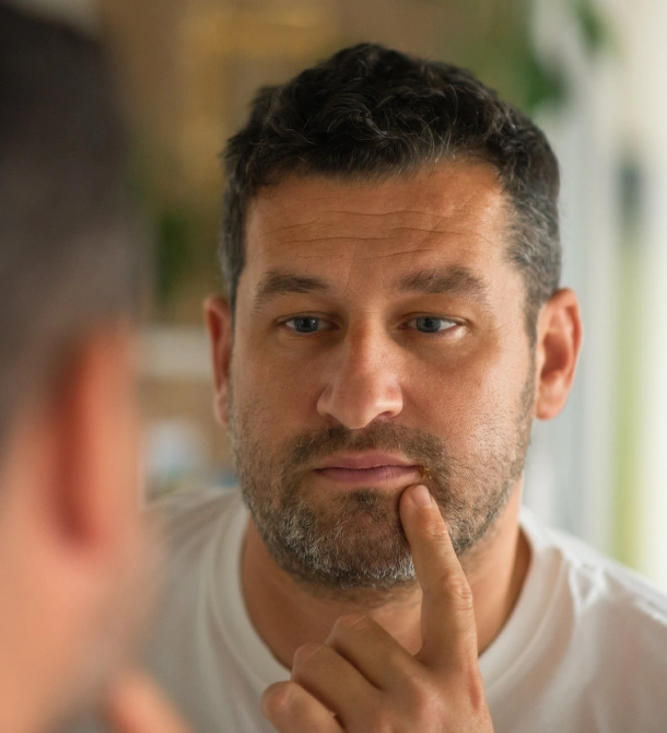 Man touching his face thoughtfully in dental office setting, appearing contemplative about dental care.